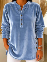 Women's Solid Color Henley Collar Long-sleeved Casual Loose Velvet Top