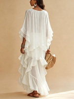Round-neck, Batwing-sleeve, Tiered-ruffle, Sheer-textured Maxi Dress For Vacation