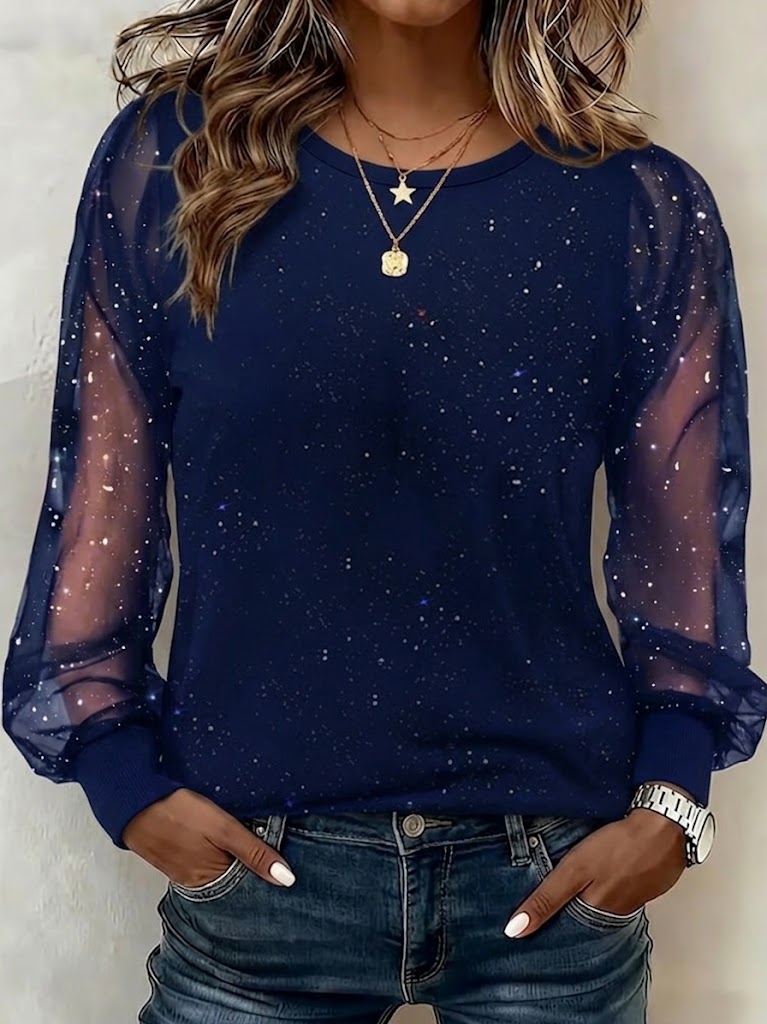 Round-neck Sheer Mesh Top Featuring Starry Glitter Detailing And Long Lantern Sleeves