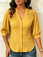 Lace-paneled V-neck Blouse Featuring Vertical Pleats, A Fitted Waist, And Puff Three-quarter Sleeves