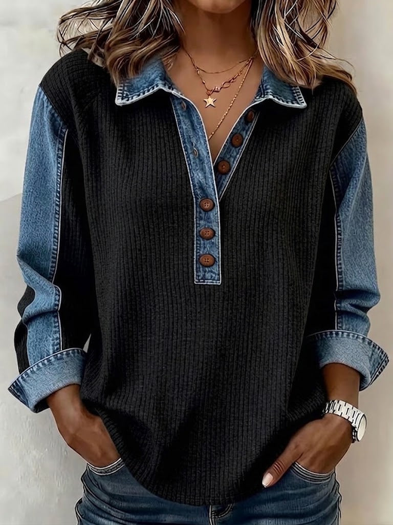 Denim Collar Half Button Vertical Rib Knit Spliced Long Sleeve Top