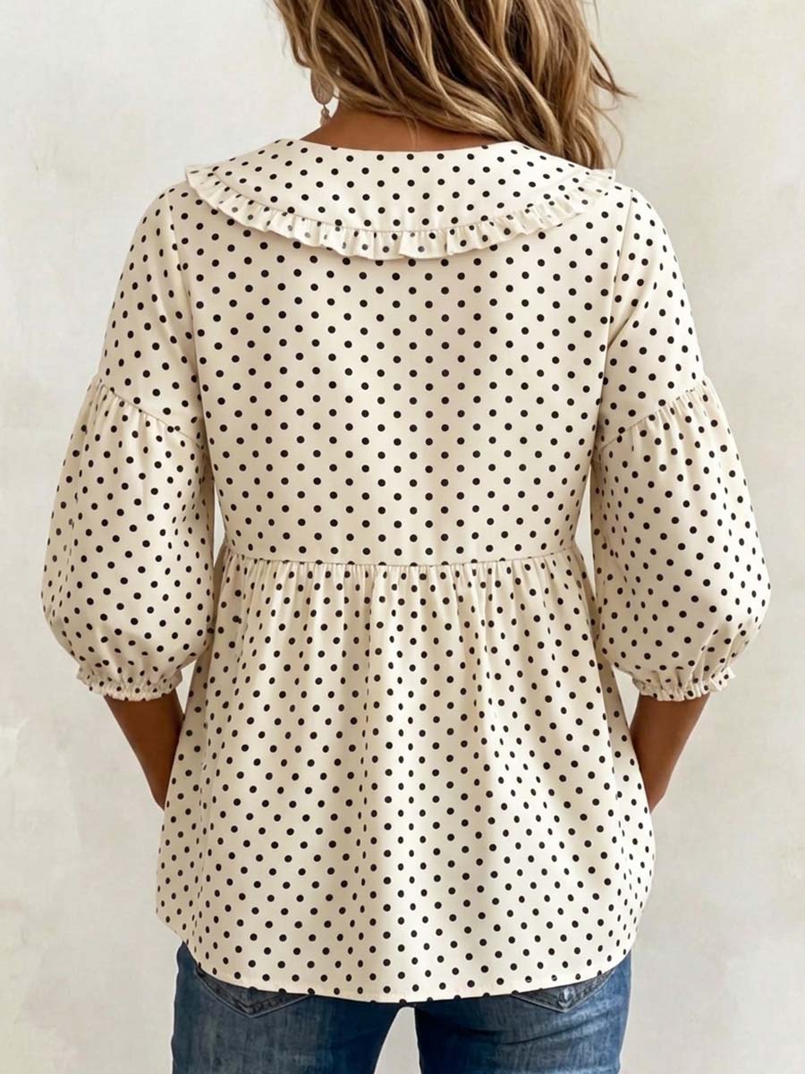 Women's Polka Dot Print Peter Pan Collar 3/4 Sleeve Casual Loose Cotton Linen Top