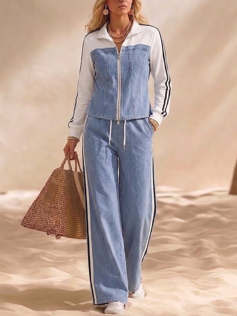 Two-piece Set: Denim-paneled Top And Wide-leg Trousers