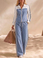 Two-piece Set: Denim-paneled Top And Wide-leg Trousers