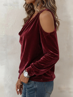 Draped Cowl Neck Cold Shoulder Velvet Lantern Long Sleeve Top
