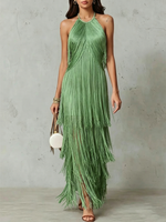 Halter Multi-layer Fringe Fitted Sleeveless Maxi Evening Dress
