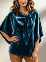 Retro-elegant Bow Tie Collar Batwing Sleeve Velvet Shirt Top