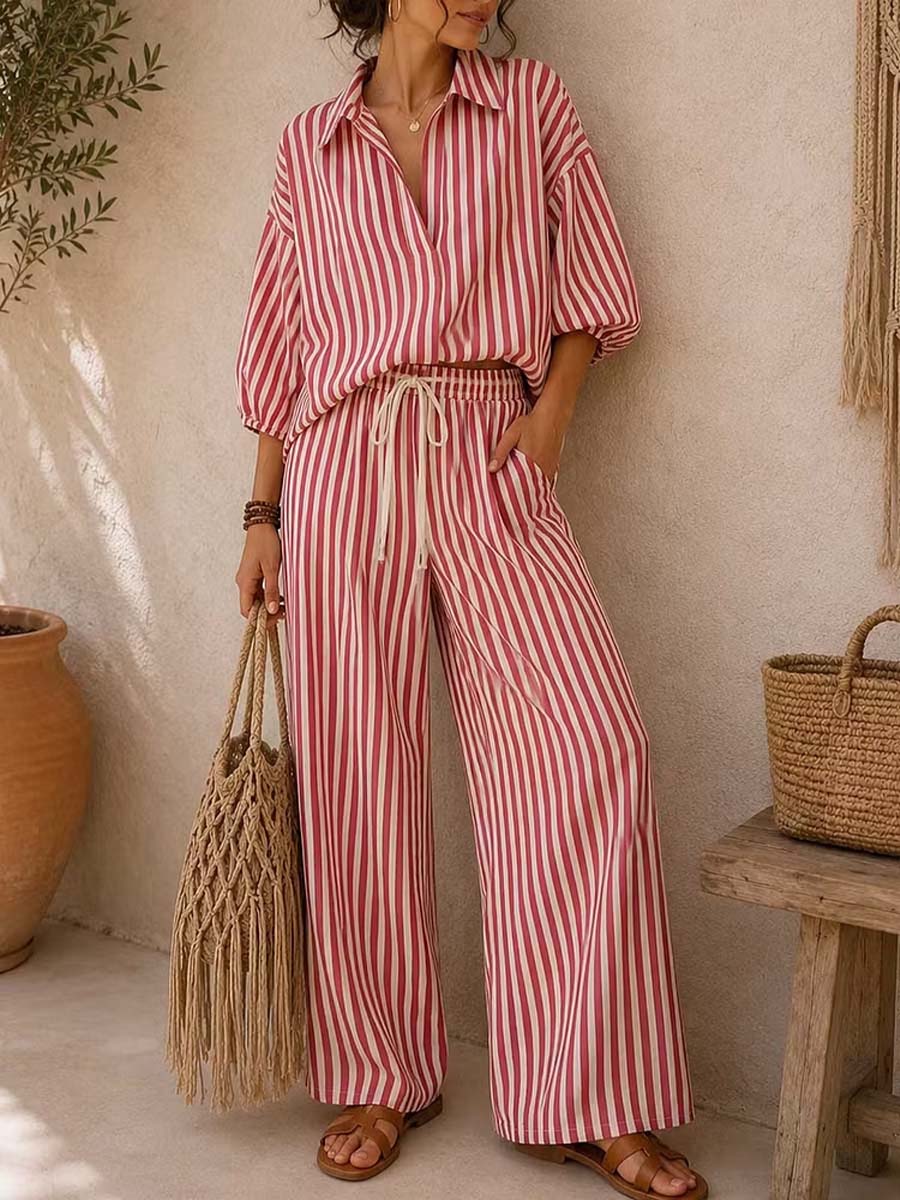 Women's Striped Print Casual Loose Top And High-waisted Wide-leg Pants Cotton Linen Set