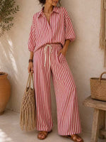 Women's Striped Print Casual Loose Top And High-waisted Wide-leg Pants Cotton Linen Set