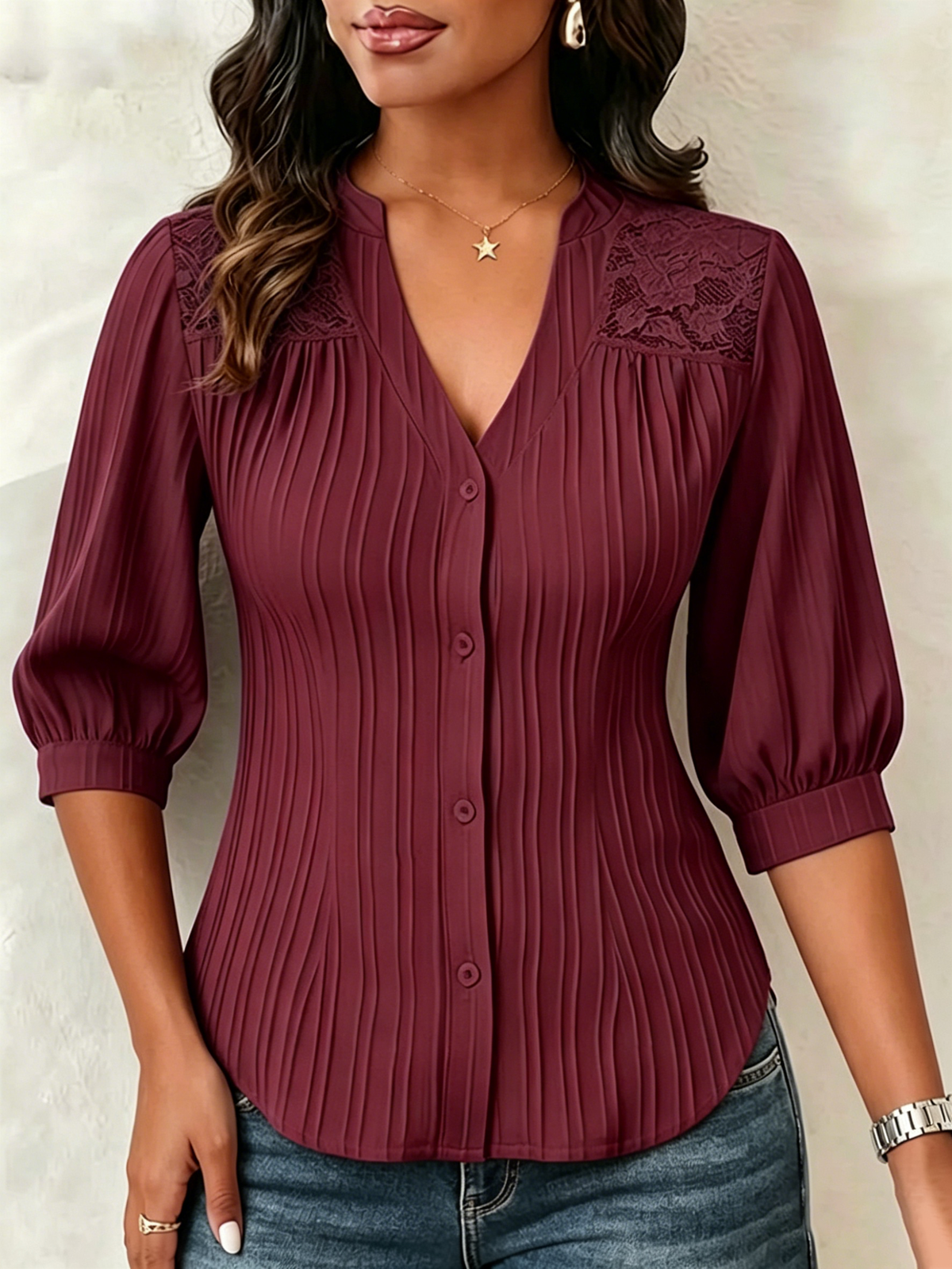 Lace-paneled V-neck Blouse Featuring Vertical Pleats, A Fitted Waist, And Puff Three-quarter Sleeves