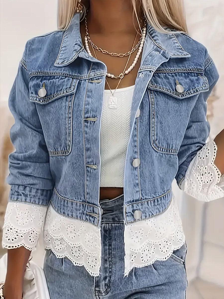 Romantic Eyelet Lace Trim Denim Jacket