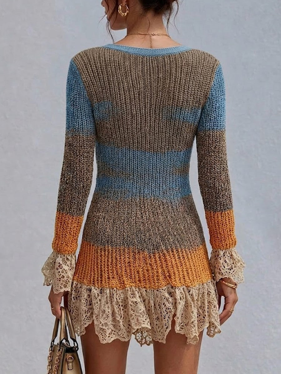 Fitted Long-sleeve Knit Dress Featuring A Color-block Gradient, Chunky Knit, V-neck, And Lace Ruffle Details