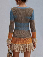 Fitted Long-sleeve Knit Dress Featuring A Color-block Gradient, Chunky Knit, V-neck, And Lace Ruffle Details