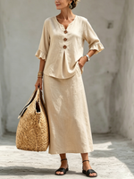 Elegant Resort-style Ruffled Linen-blend Two-piece Set