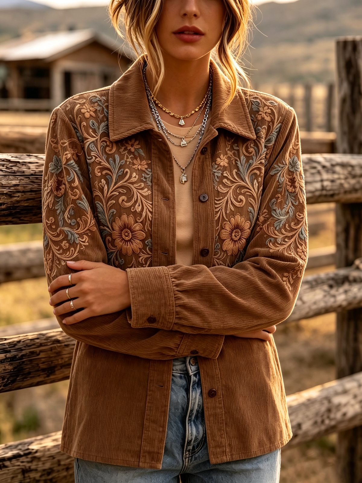 Retro Vibrant Floral Corduroy Shirt Jacket
