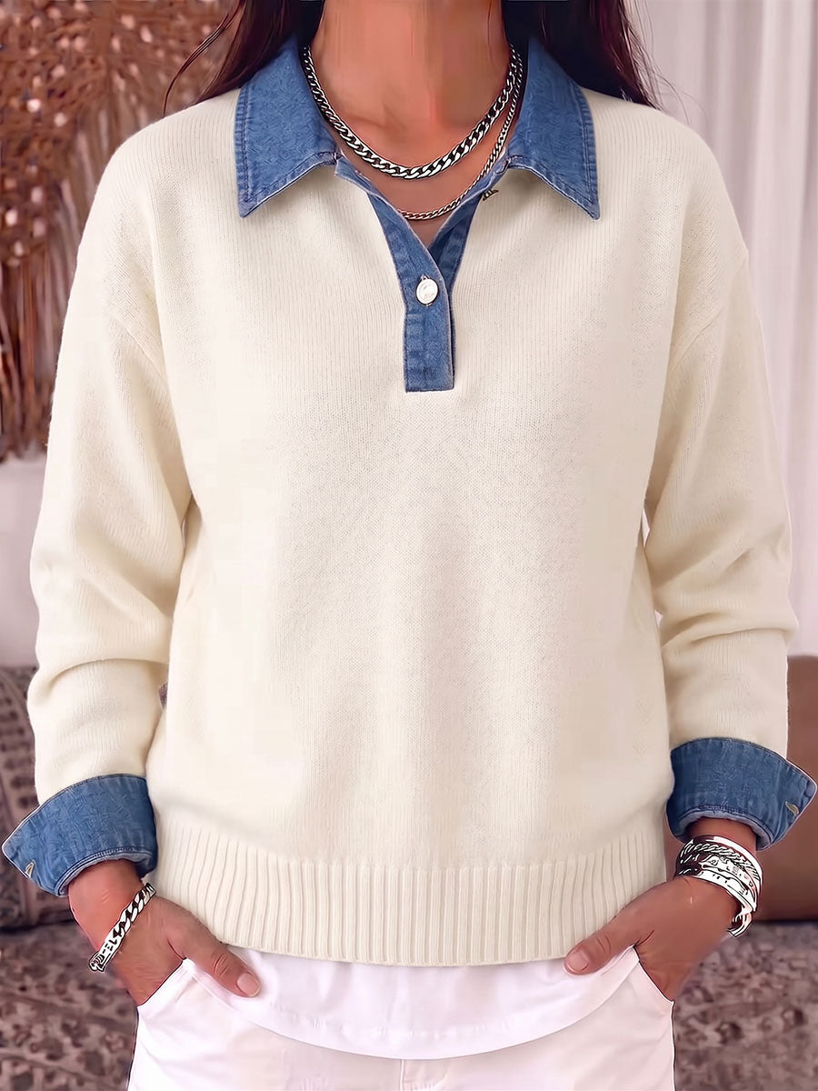 Women's Pullover Collar Long-sleeved Casual Loose Denim Patchwork Knit Top
