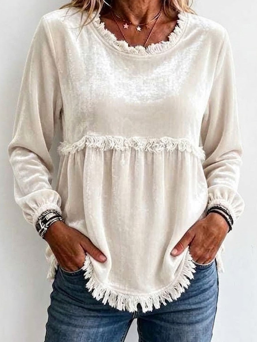 Round Neck Fringe Trim Spliced Velvet Lantern Long Sleeve Babydoll Top