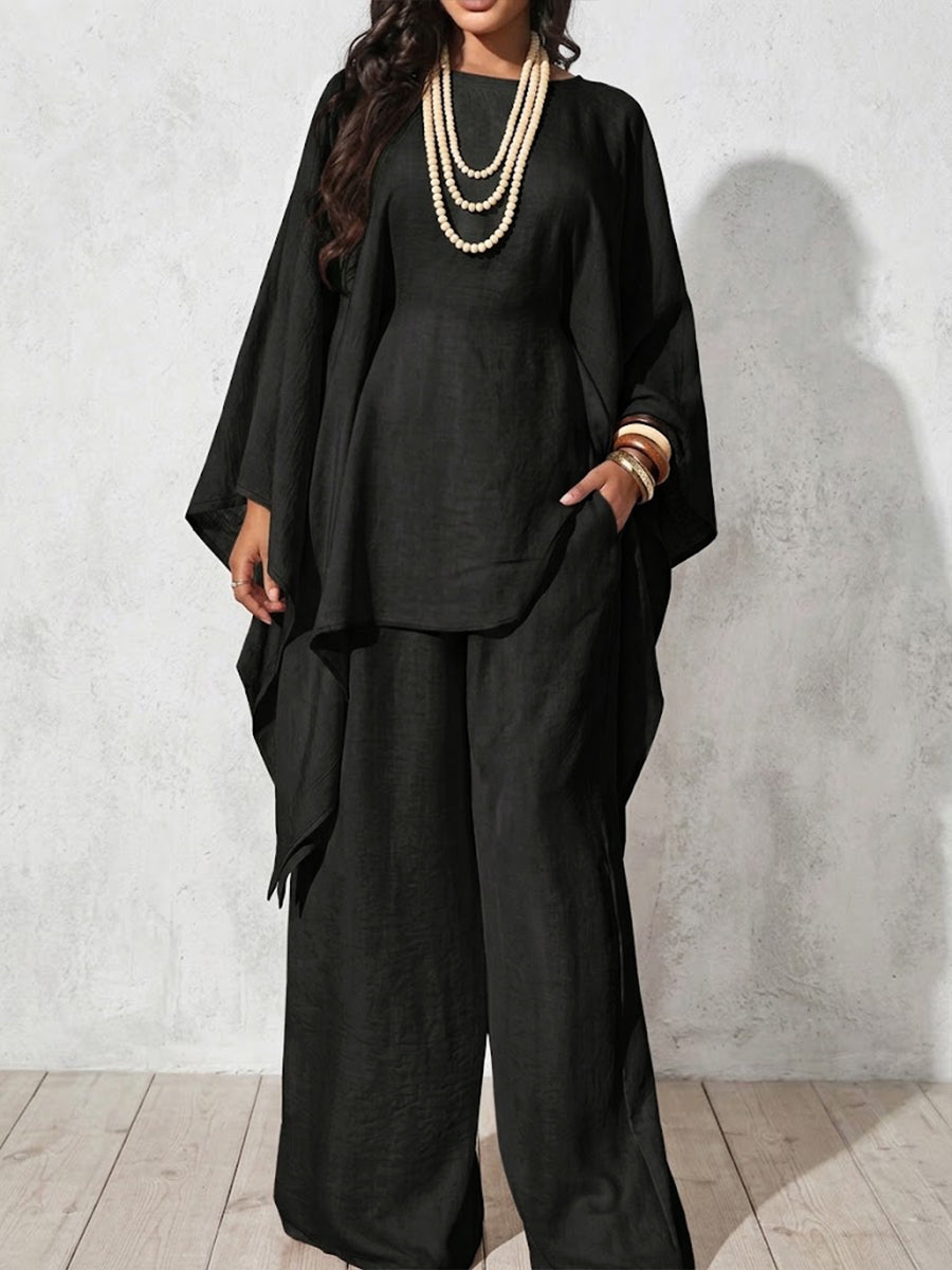 Loose-fit Casual Cotton-linen Blend Top And Trousers Two-piece Set