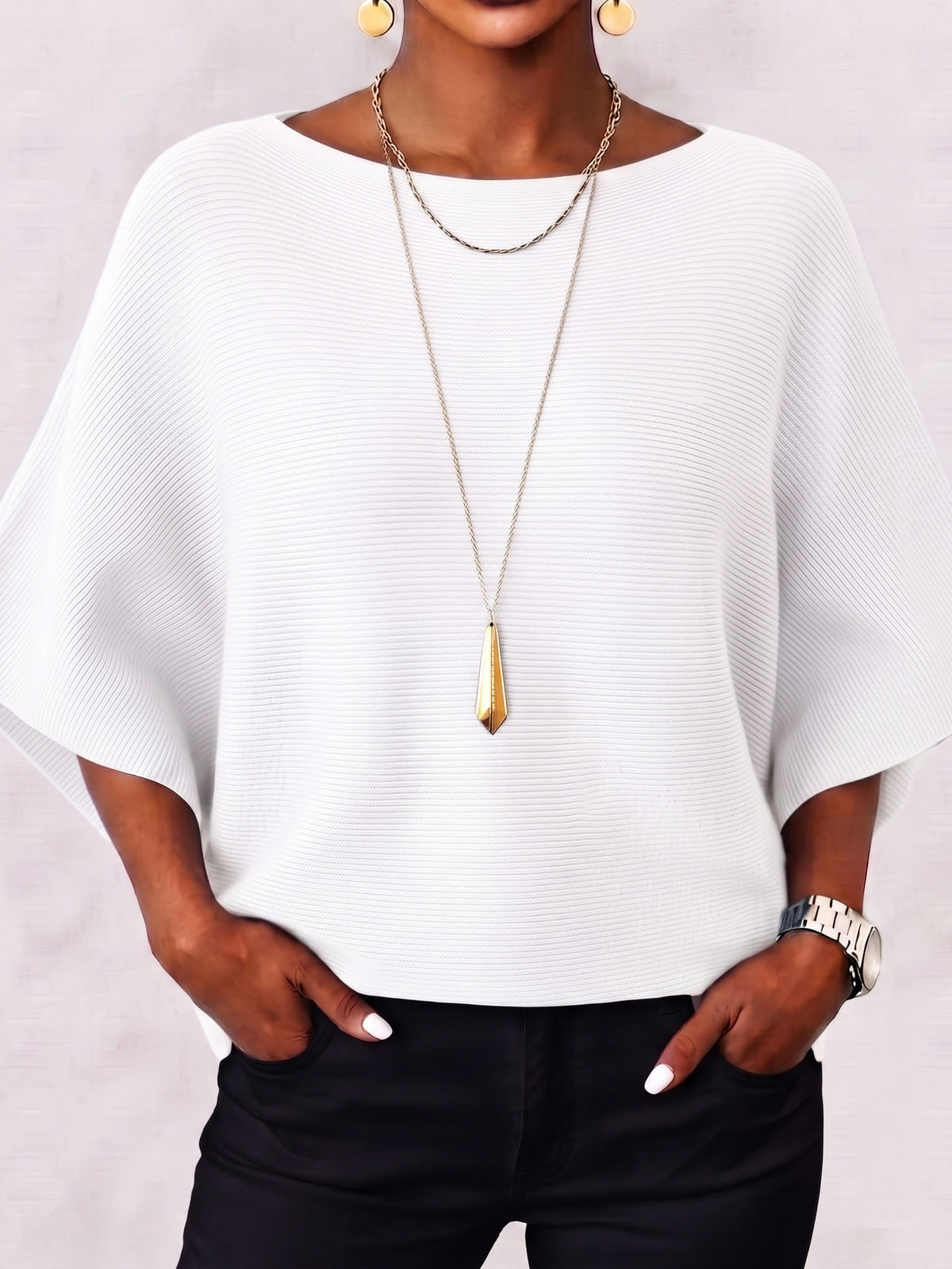Elegant Boat Neck Batwing Sleeve Ribbed Knit Top