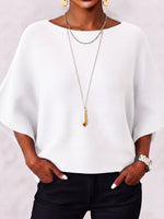 Elegant Boat Neck Batwing Sleeve Ribbed Knit Top
