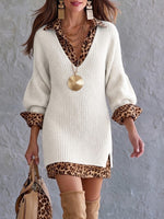 Stylish And Cozy Color-block Leopard Print Mini Knit Dress