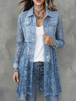 Washed Denim Lapel Dual Chest Pocket Long Sleeve Splice Hollow Lace Mid-length Cardigan Coat