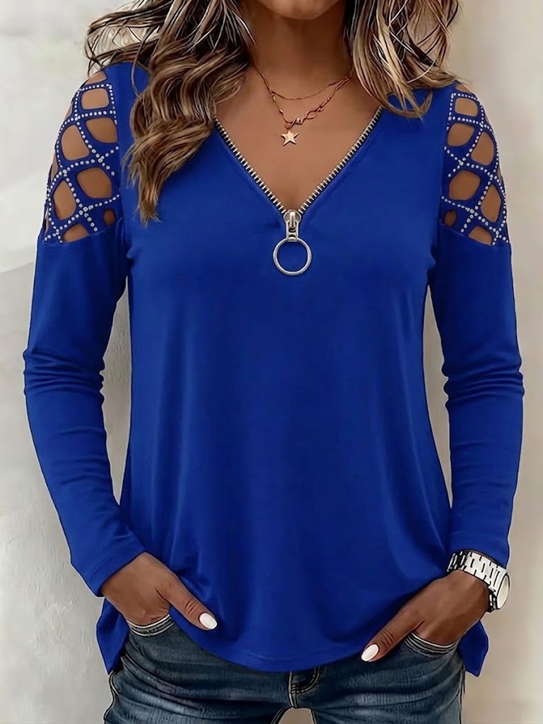O-ring Zip V-neck Rhinestone Cutout Cold Shoulder Long Sleeve Top