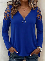 O-ring Zip V-neck Rhinestone Cutout Cold Shoulder Long Sleeve Top
