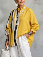 Vibrant Resort Cotton-linen Striped Blouse With Ruffle Collar