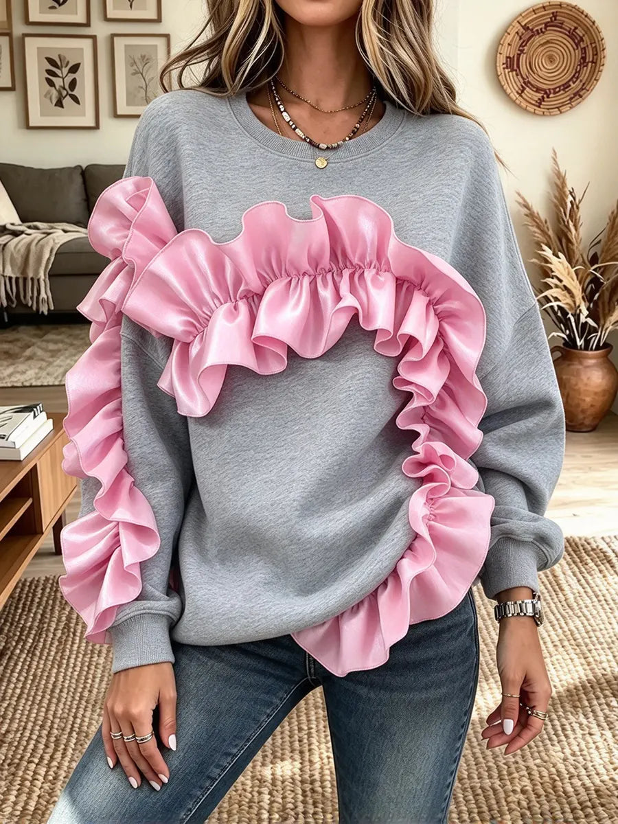 Women's Ruffled Stitching Crewneck Sweatshirt