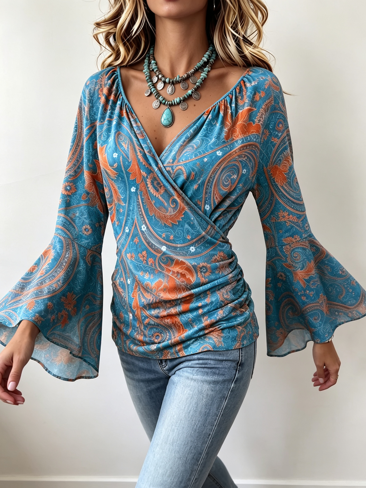 Bohemian Casual Stretch Bell Sleeves Blouse
