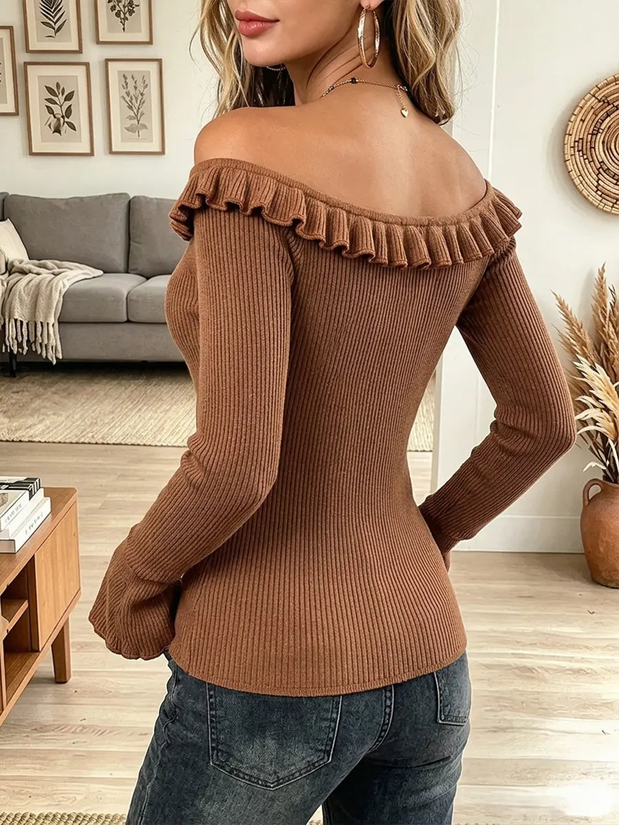 Vintage Elegant Patchwork Knit Fabric Off-the-shoulder Ruffles Shirt