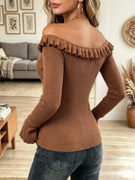 Vintage Elegant Patchwork Knit Fabric Off-the-shoulder Ruffles Shirt