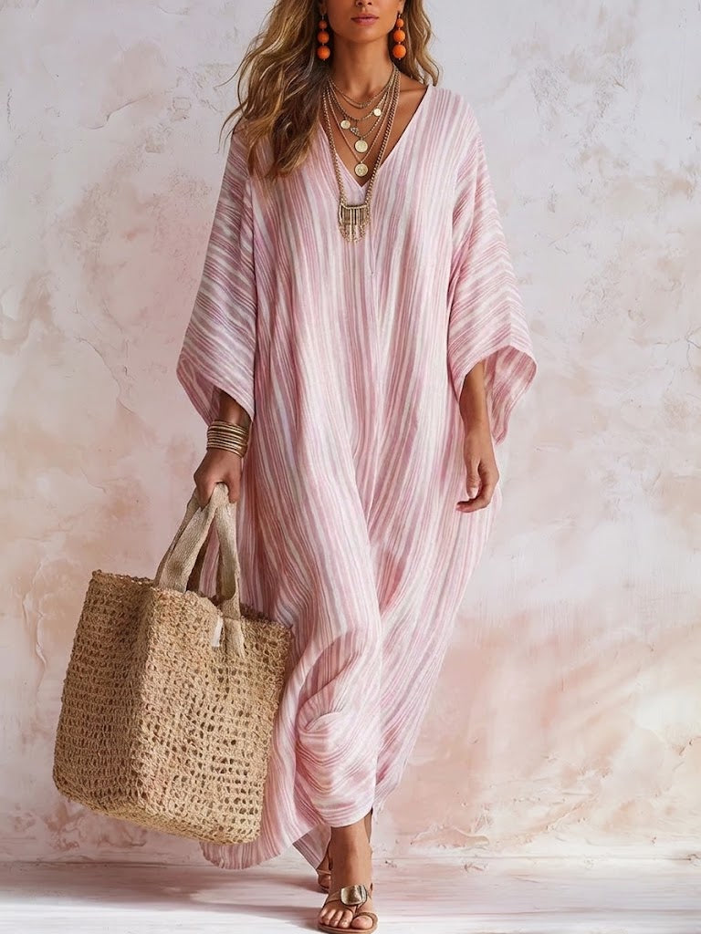 Vertical-striped Deep-v Loose Batwing-sleeve Long Beach Cover-up Dress