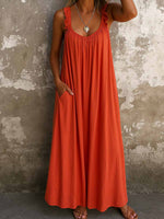 Women's Solid Color Square-neck Sleeveless Casual Loose Cotton-linen Dress