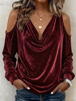 Draped Cowl Neck Cold Shoulder Velvet Lantern Long Sleeve Top