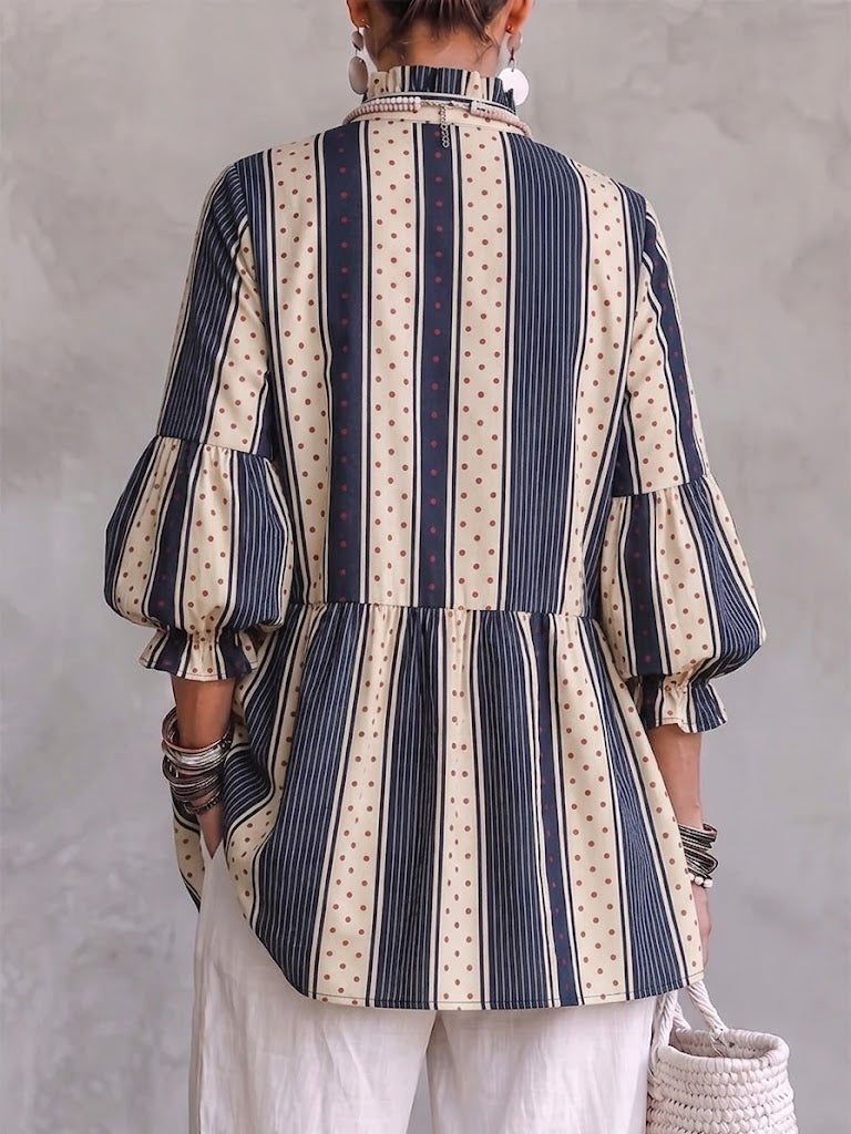 Artistic-style Striped And Polka-dot Linen Ruffle-trim Top