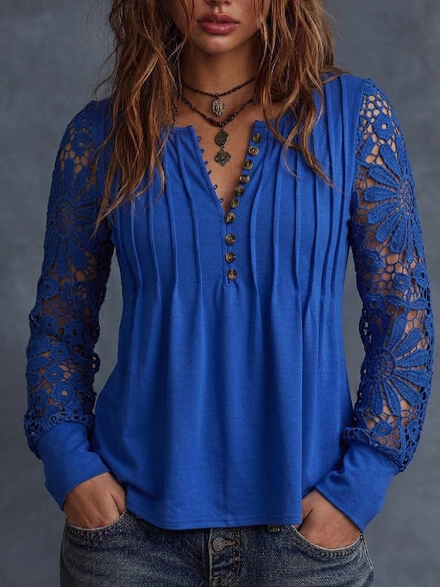 Solid-color Long-sleeve V-neck Pleated Top With Lace Cutouts