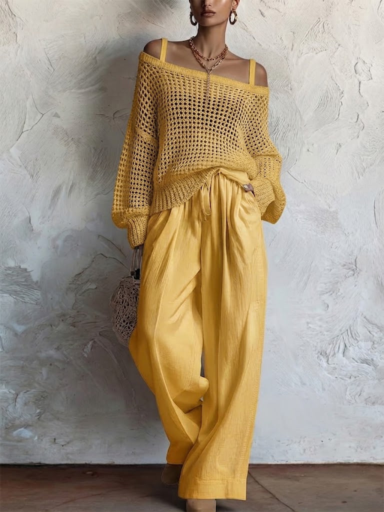 Two-piece Set: Open-knit Top And Cotton-linen Trousers
