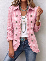 Chic Green Gingham Ruffled Button-Down Jacket