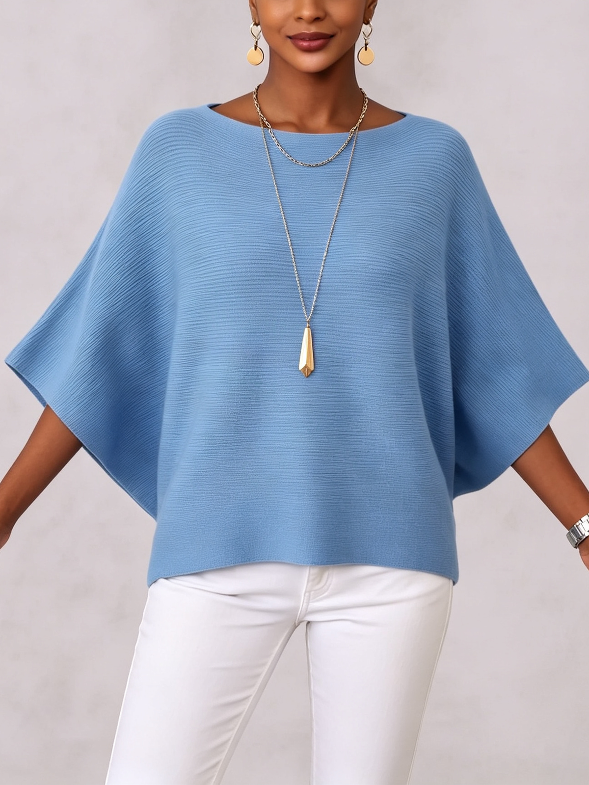Elegant Boat Neck Batwing Sleeve Ribbed Knit Top