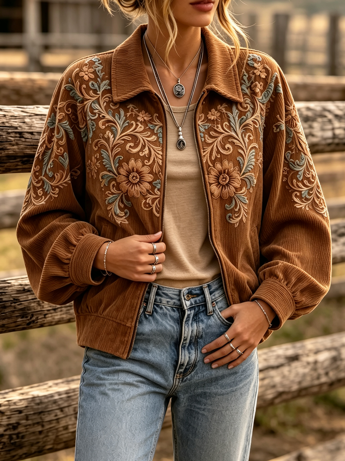 Boho Western Floral Print Corduroy Zip-up Jacket