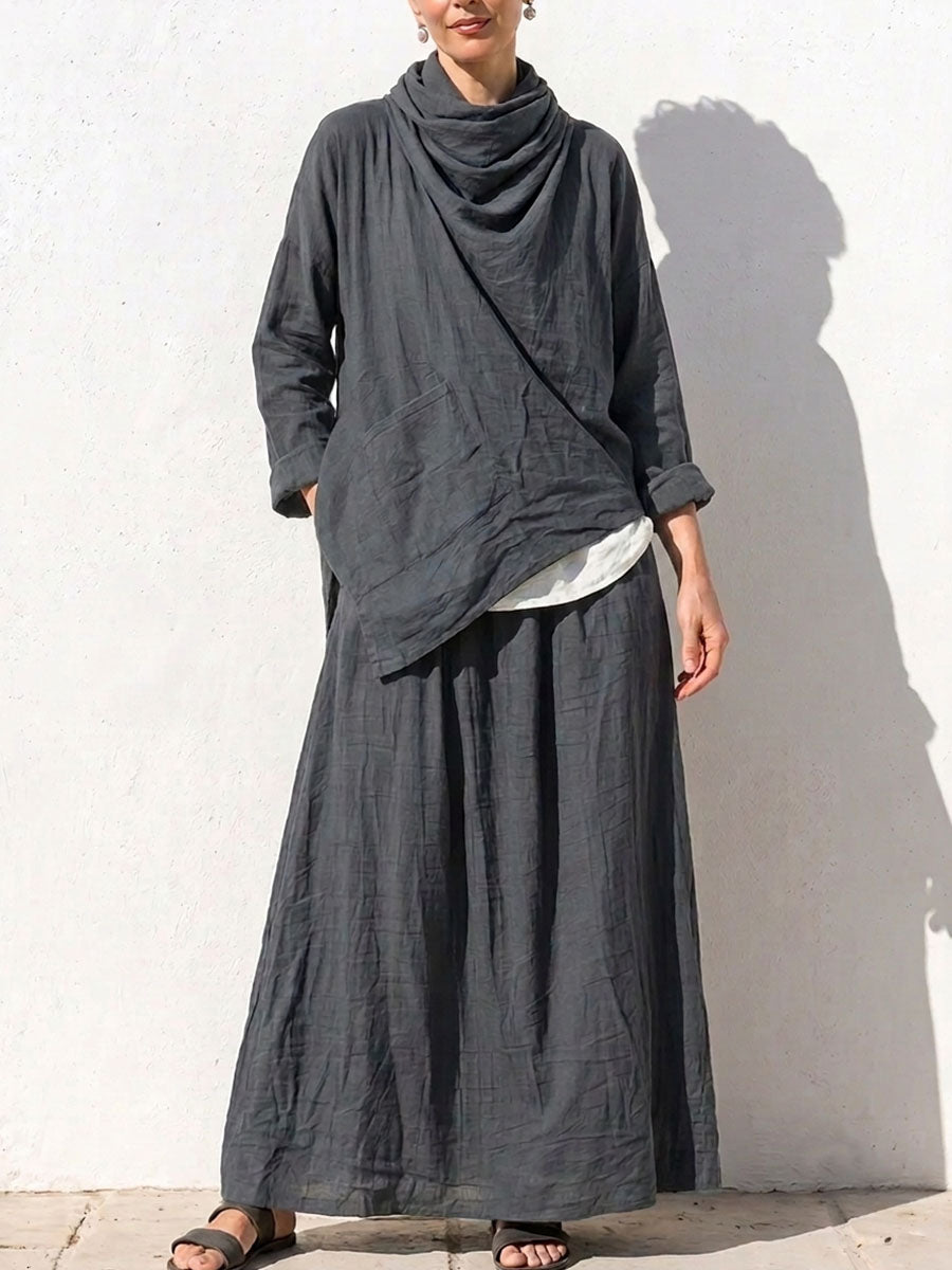 Women's Solid Color Turtleneck Long Sleeve Casual Loose Cotton Linen Top And High Waist A-linen Skirt Set