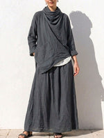 Women's Solid Color Turtleneck Long Sleeve Casual Loose Cotton Linen Top And High Waist A-linen Skirt Set