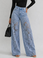 Lace Cut-out Wide-leg Denim Jeans