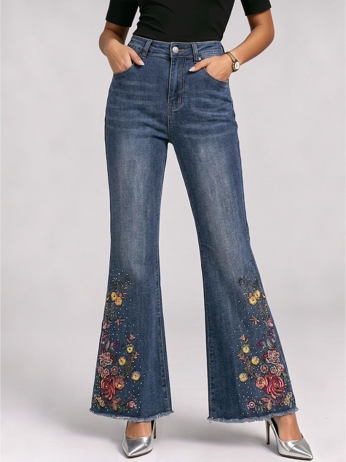 Casual Floral Embroidery Flared Jeans