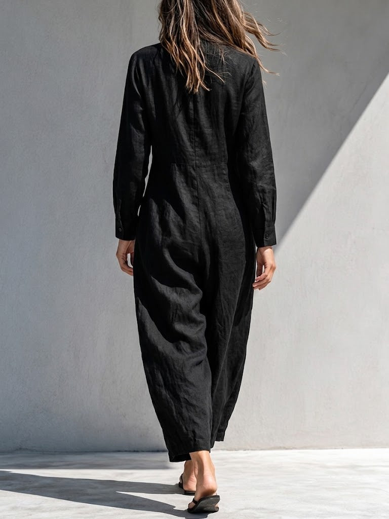 Casual Linen-cotton Button-front Jumpsuit