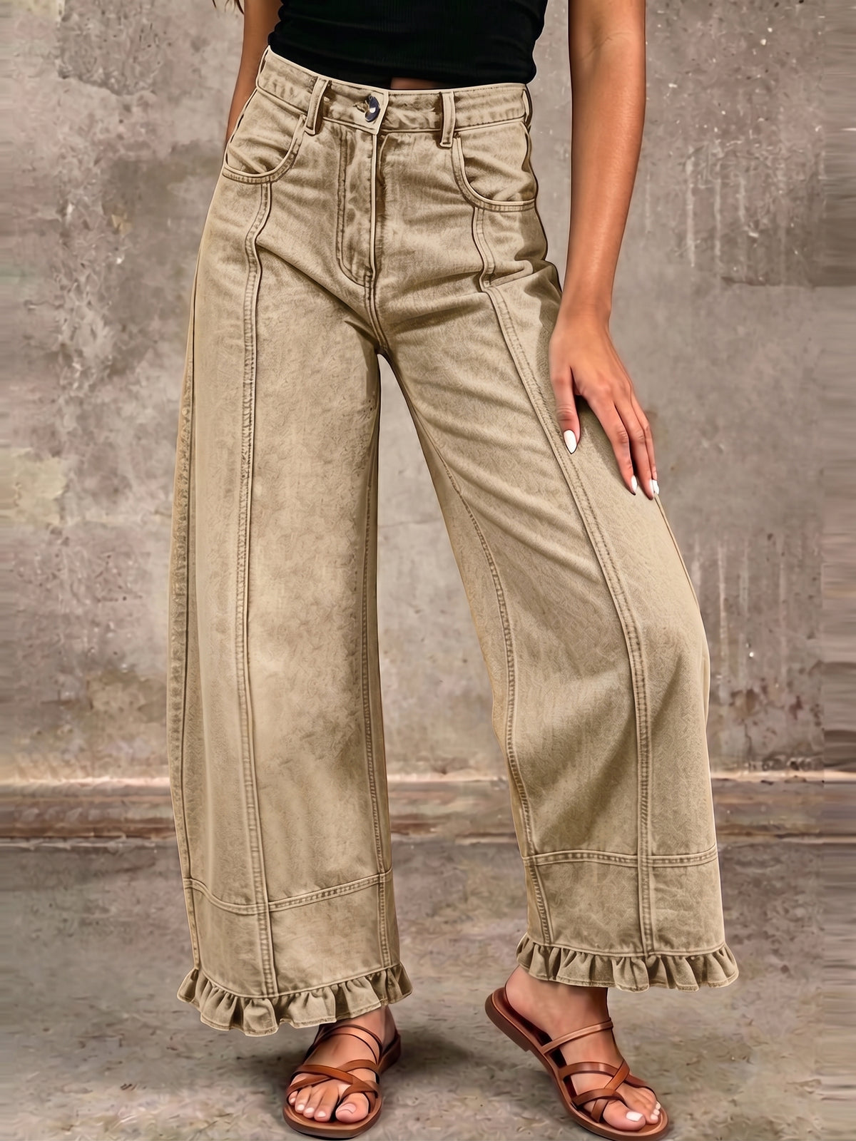 Vintage-Inspired Washed Denim Ruffled Wide-Leg Pants