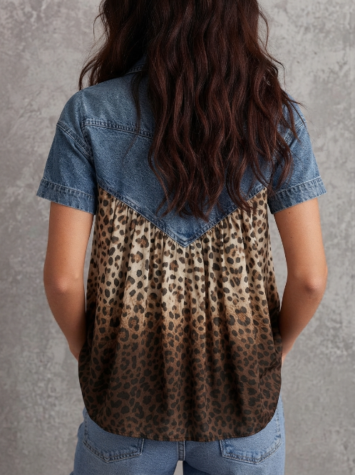 Women's Short-sleeve Shirt With Denim Paneling And Gradient Leopard Print