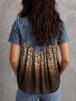 Women's Short-sleeve Shirt With Denim Paneling And Gradient Leopard Print
